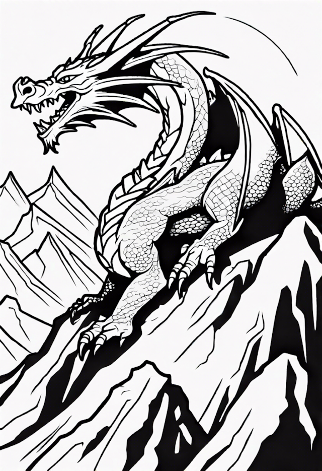 A coloring page of Dragon Sleeping On A Mountain Peak
