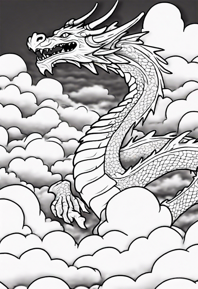 A coloring page of Dragon Soaring Above The Clouds