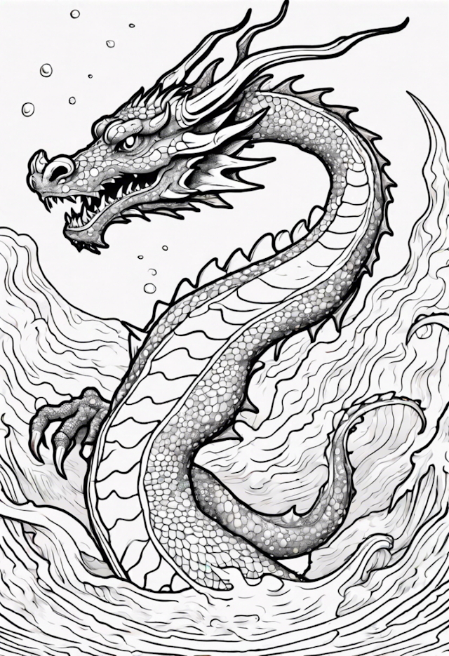 A coloring page of Dragon Swimming In A Deep Sea