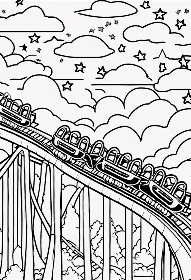A coloring page of Eight Joyful Stars Riding Rollercoasters In The Sky