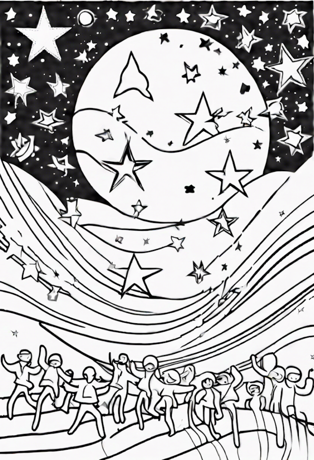 A coloring page of Eighteen Joyful Stars Having A Starry Parade