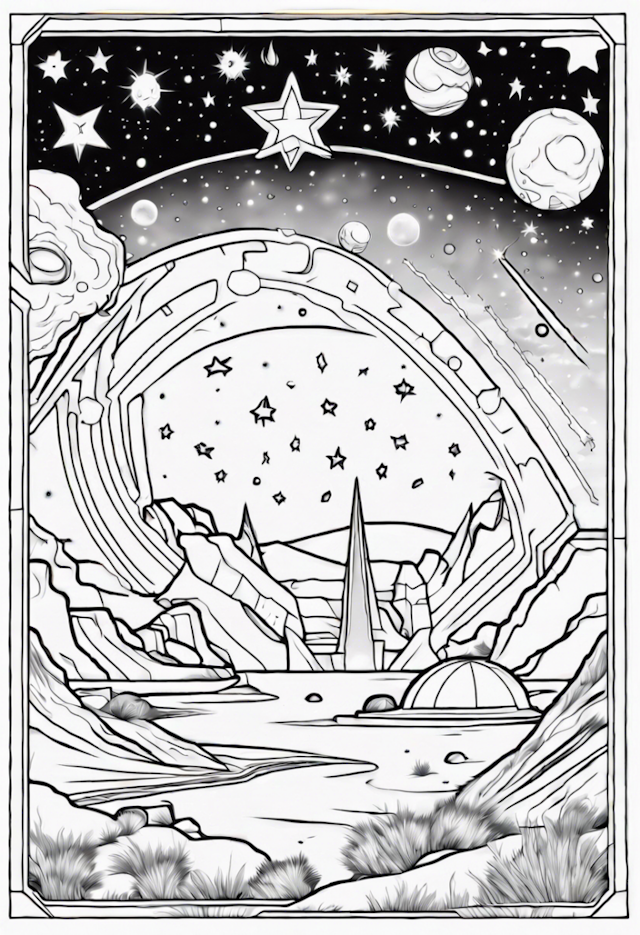 A coloring page of Eleven Surprised Stars Discovering A Starship Treasure
