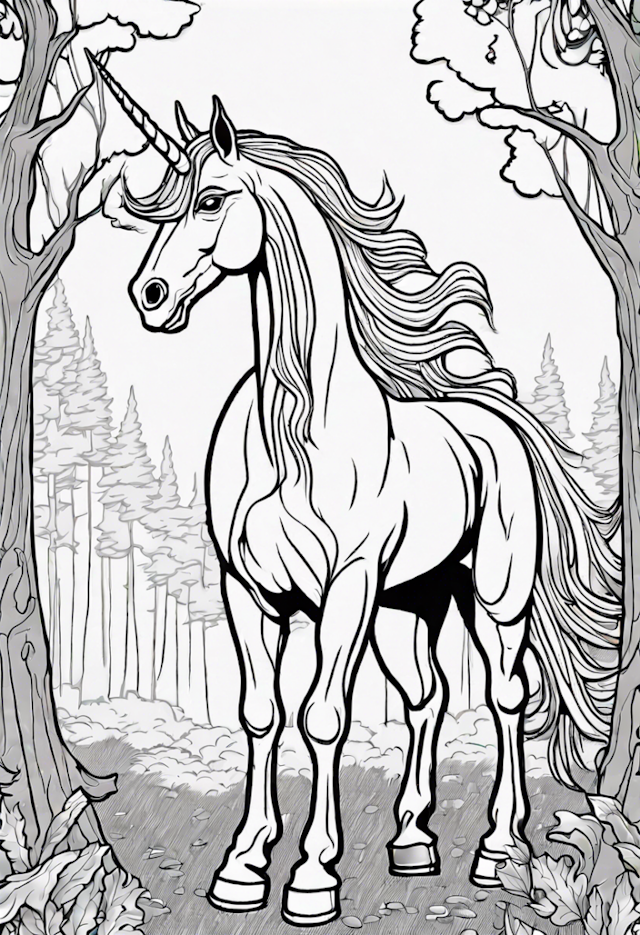A coloring page of Enchanted Unicorn In A Forest
