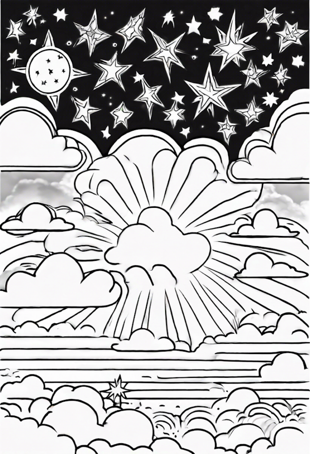 A coloring page of Fourteen Energetic Stars Playing Tag On Clouds