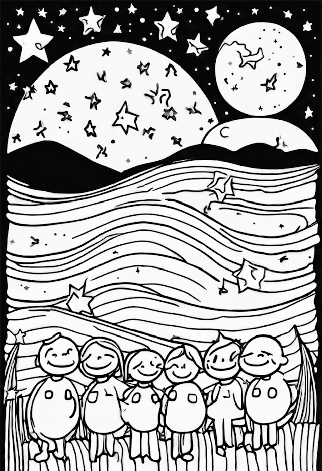 A coloring page of Fourteen Laughing Stars Having A Starry Night Sleepover