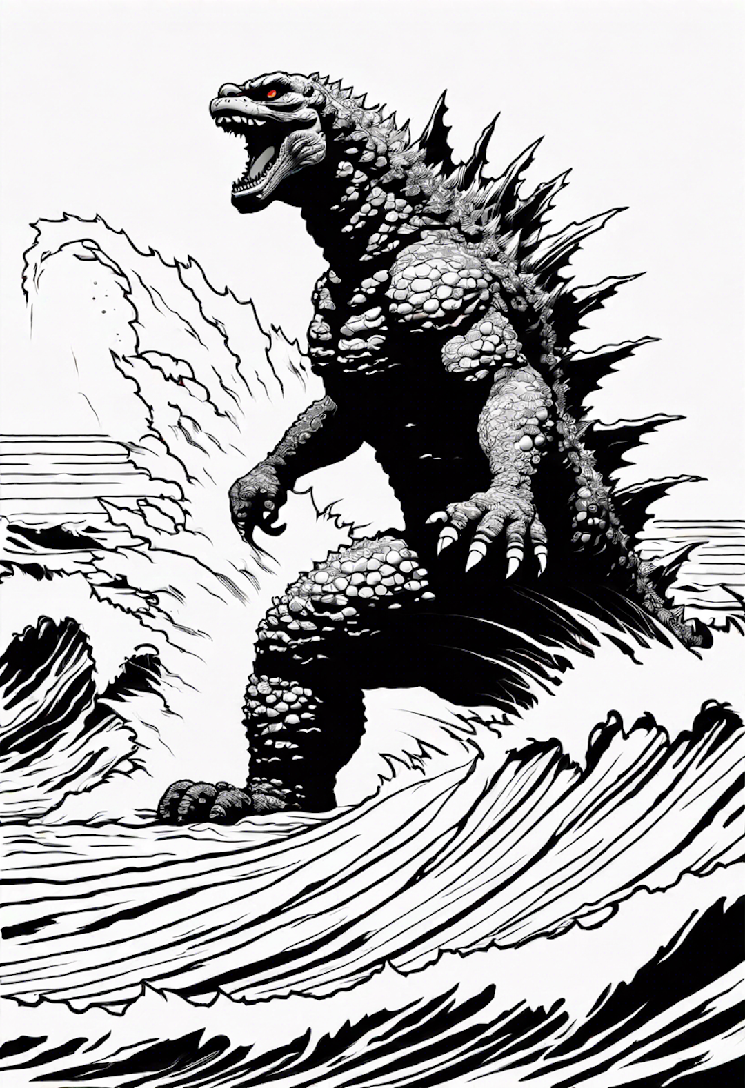 Godzilla emerging from the roaring waves