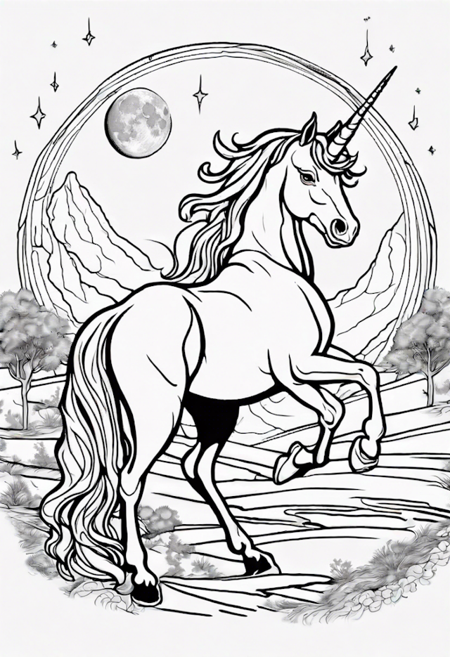 A coloring page of Graceful Unicorn Under The Moon