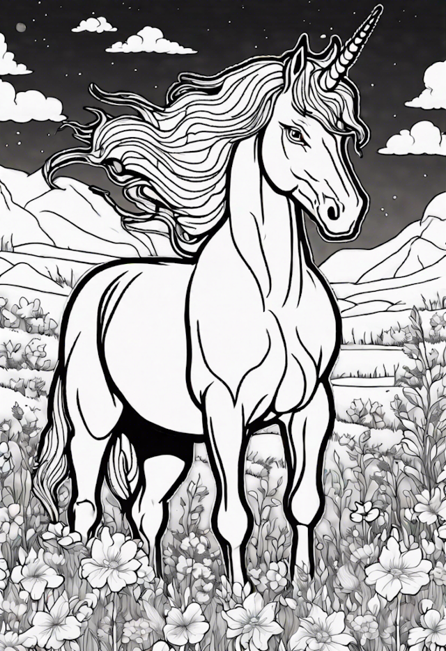 A coloring page of Majestic Unicorn Standing In A Field Of Flowers