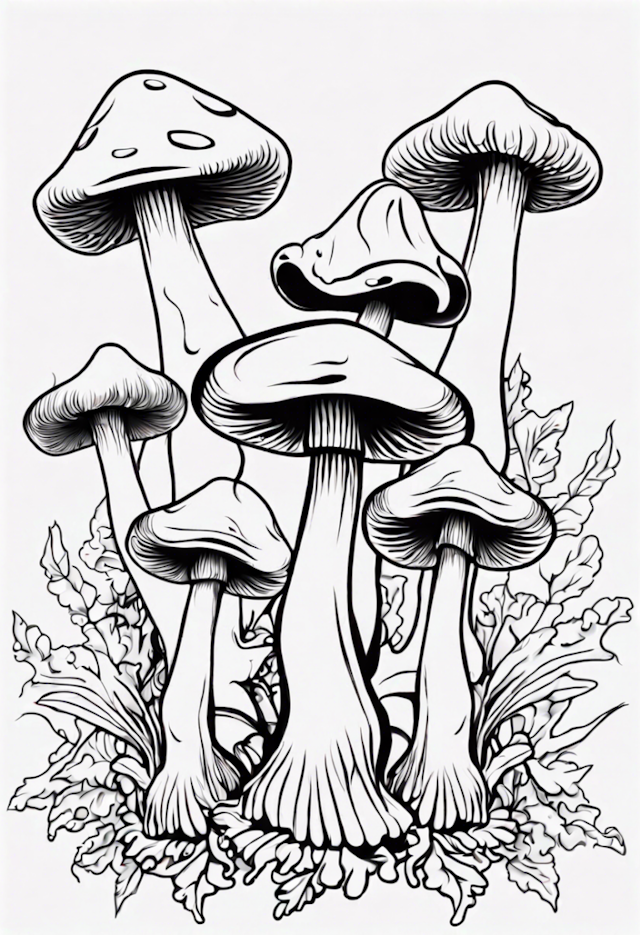 A coloring page of Mushroom Dancers