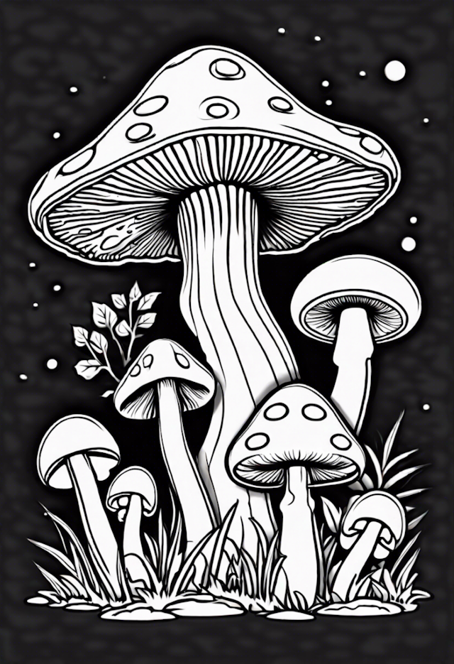 A coloring page of Mushroom Explorers