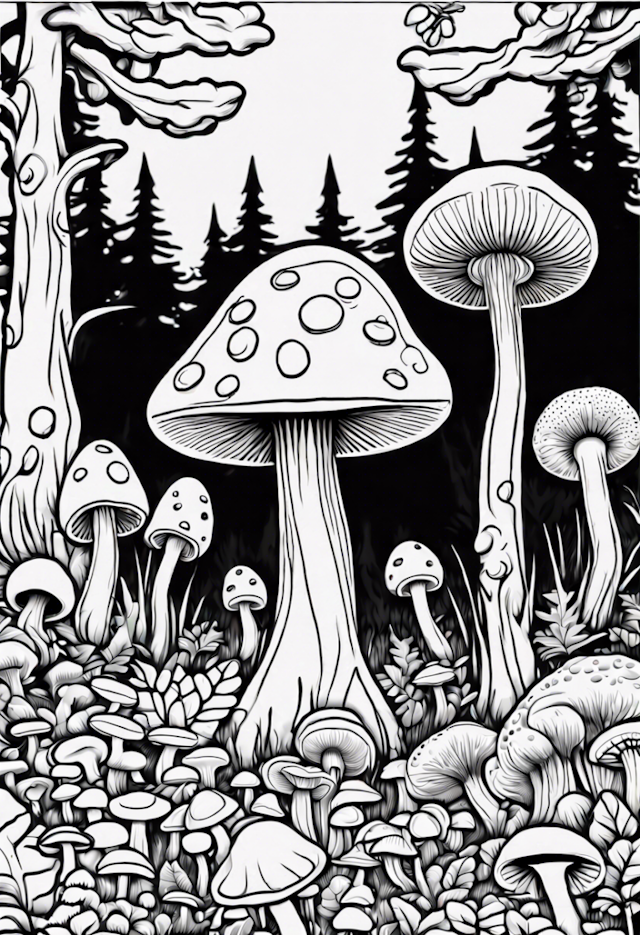 A coloring page of Mushroom Forest