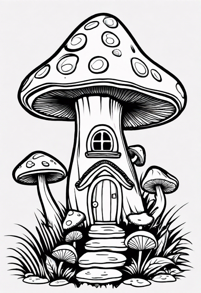 A coloring page of Mushroom House