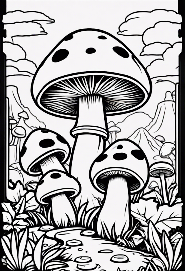 A coloring page of Mushroom Kingdom