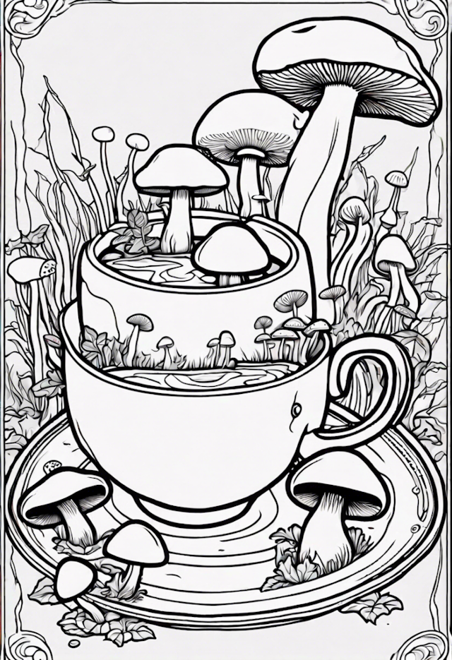 A coloring page of Mushroom Tea Party