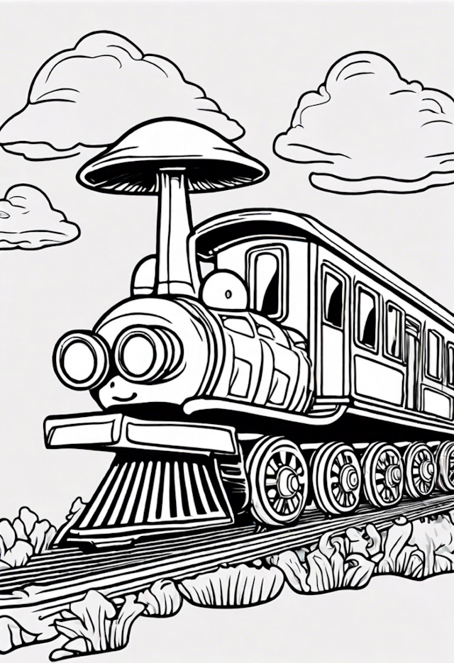 A coloring page of Mushroom Train Ride