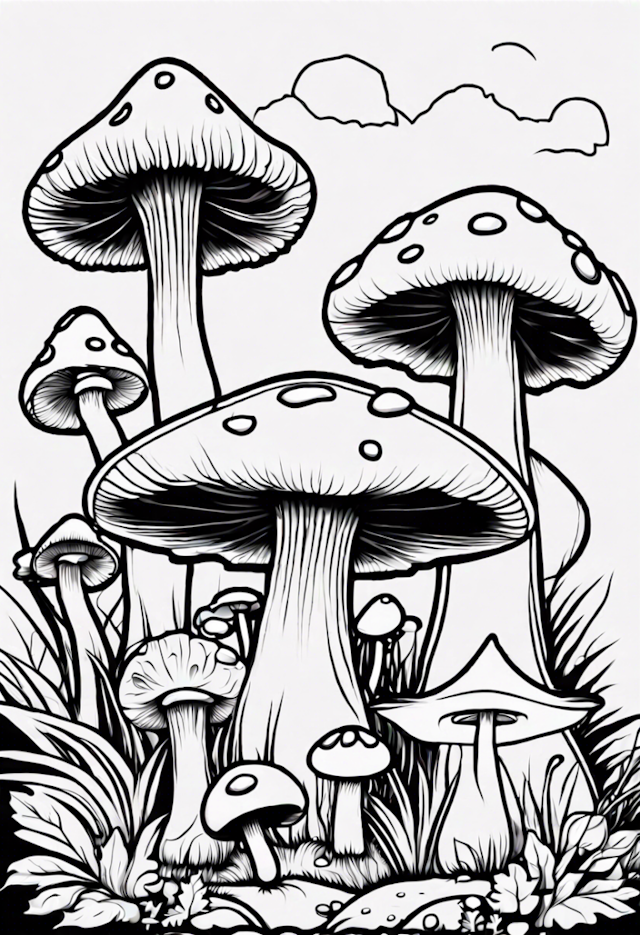 A coloring page of Mushroom Village