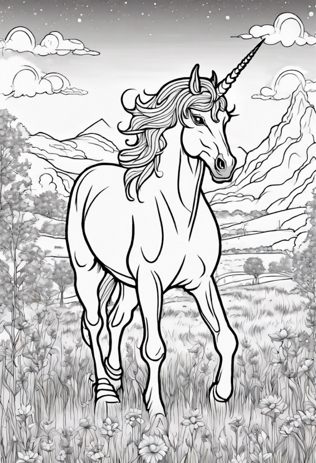 A coloring page of Mystical Unicorn In A Meadow