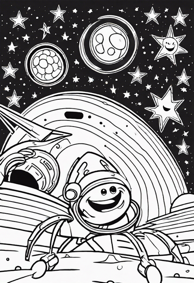 A coloring page of Nine Smiling Stars Having A Starship Race