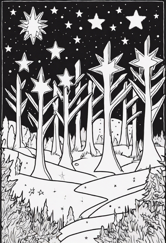 A coloring page of Seven Curious Stars Exploring A Starry Forest