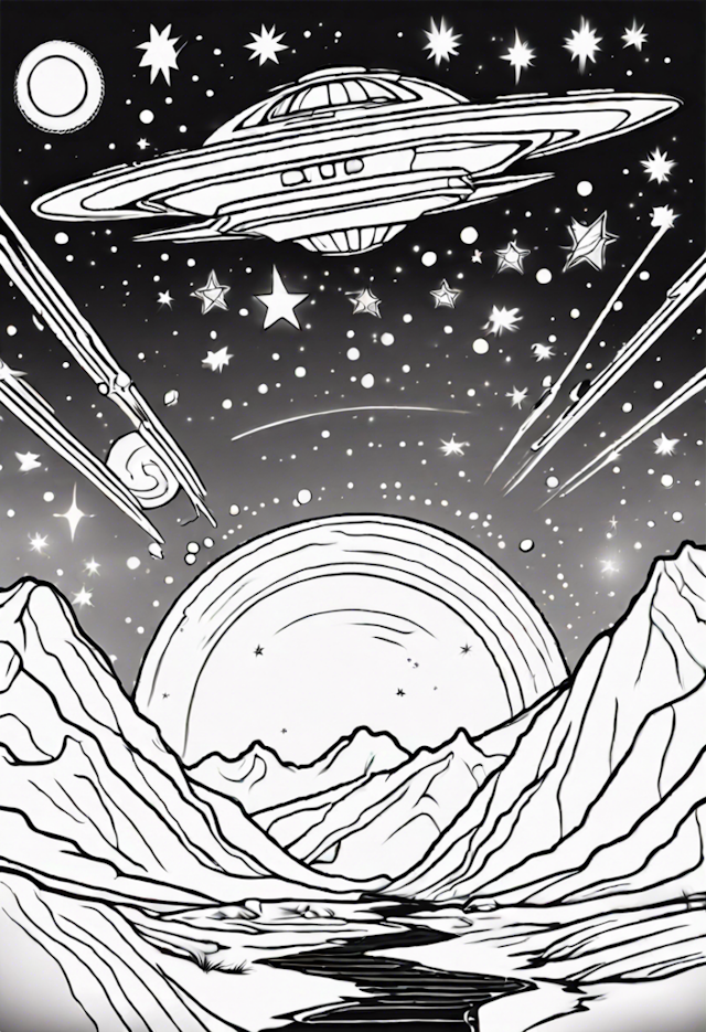 A coloring page of Seven Delighted Stars Going On A Starship Adventure