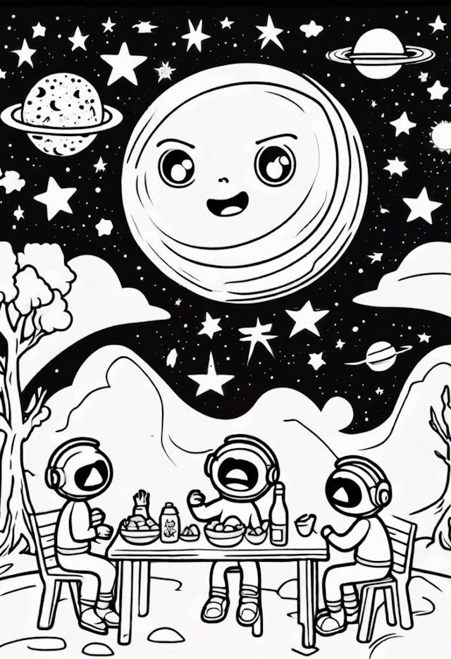 A coloring page of Six Surprised Stars Having A Picnic In Space