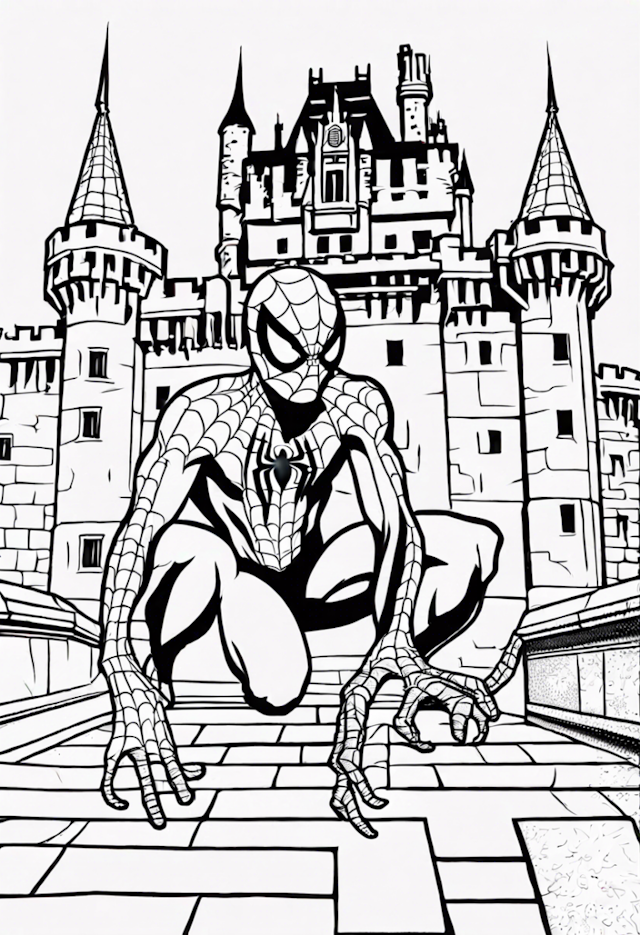 A coloring page of Spiderman At The Castle