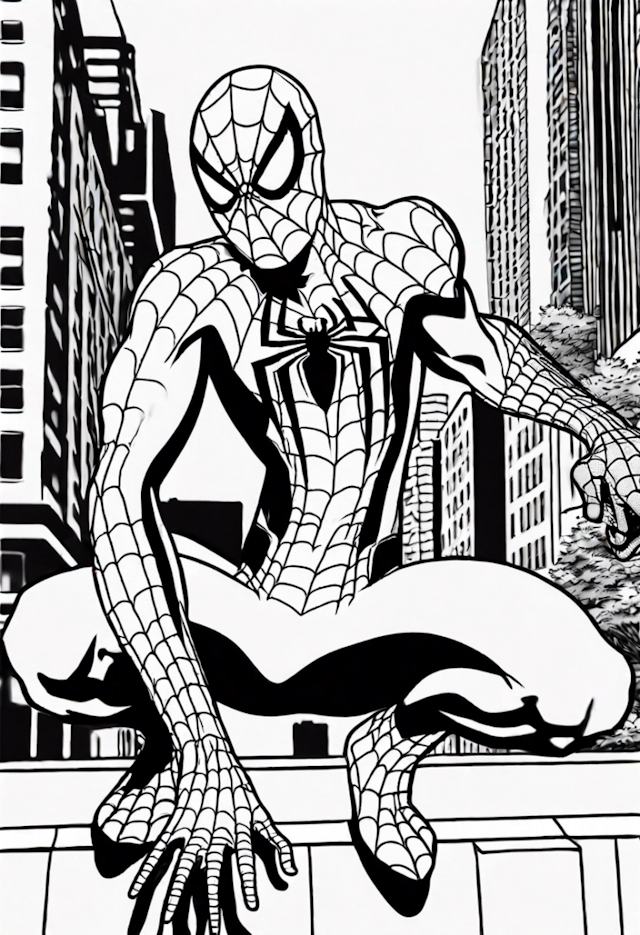 A coloring page of Spiderman At The City Park