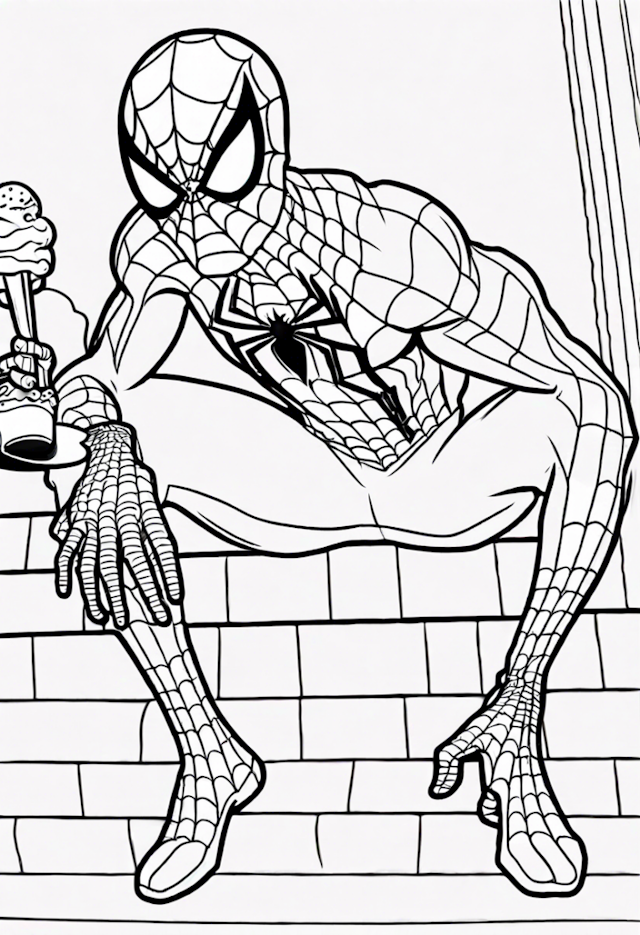 A coloring page of Spiderman At The Ice Cream Parlor