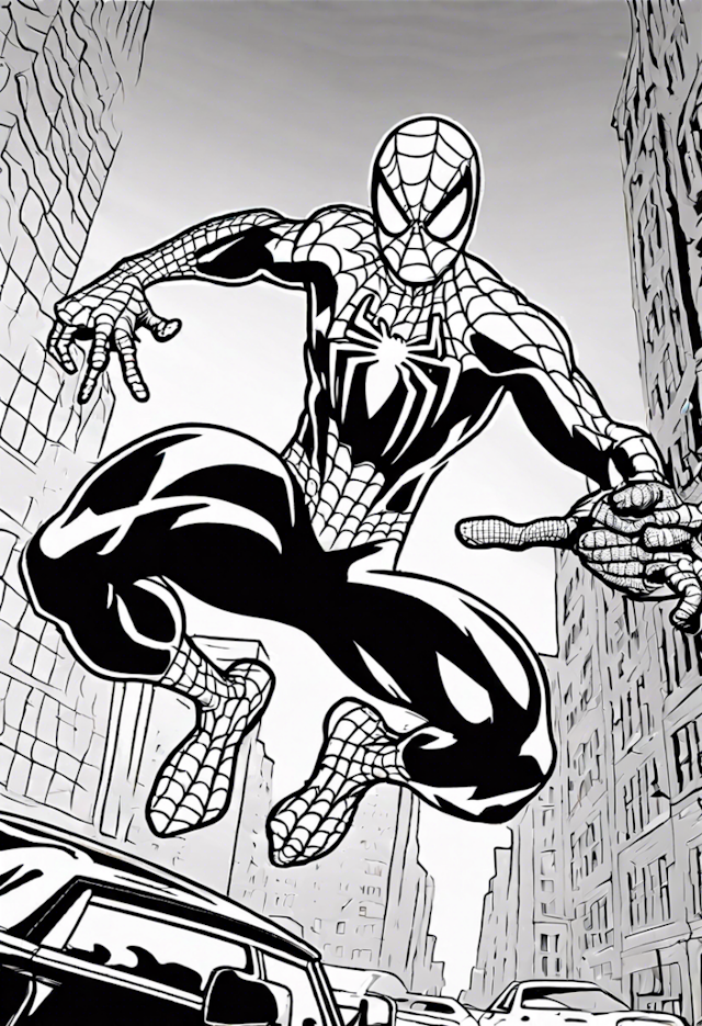 A coloring page of Spiderman Dodging Bullets In A Car Chase