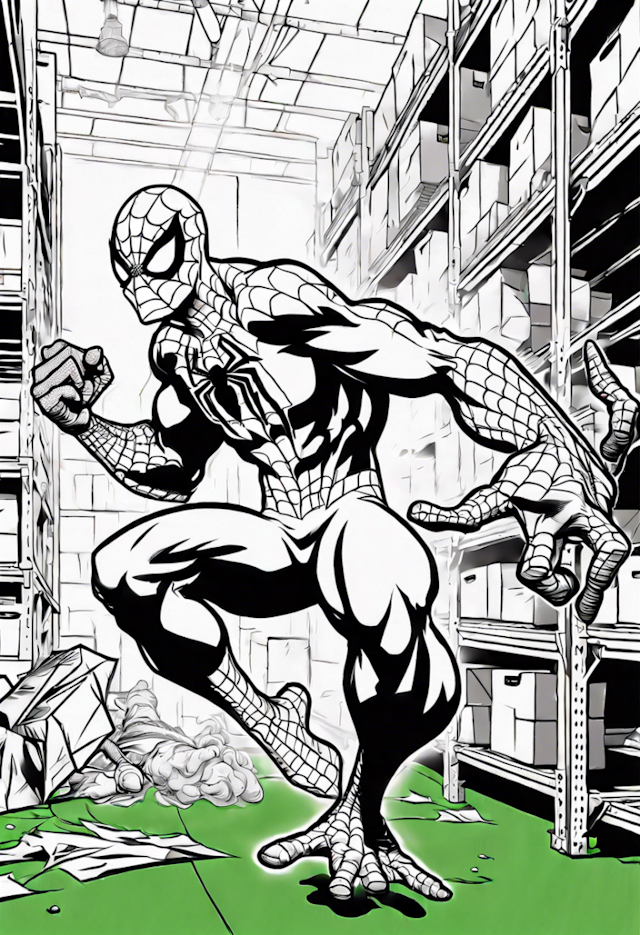 A coloring page of Spiderman Fighting Green Goblin In A Warehouse