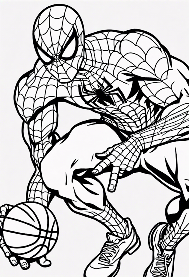A coloring page of Spiderman In A Basketball Match With Flash Thompson