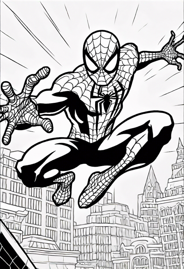A coloring page of Spiderman In A Battle With Mysterio At A Carnival