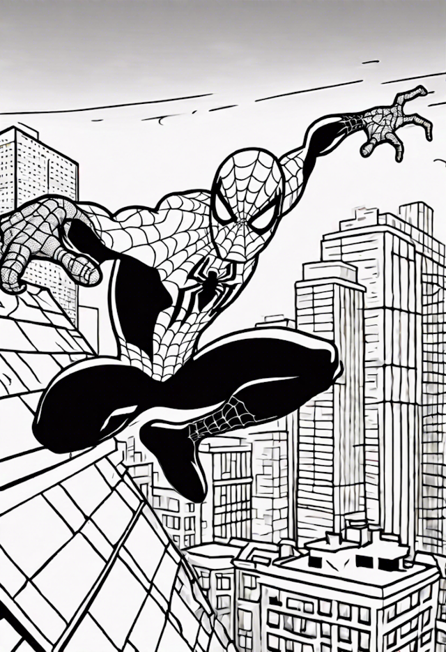 A coloring page of Spiderman In A Chase With Black Cat On The Rooftops