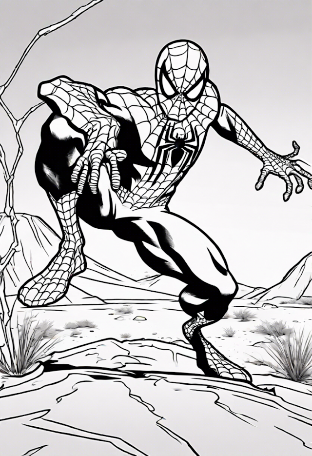 A coloring page of Spiderman In A Confrontation With Scorpion In A Desert