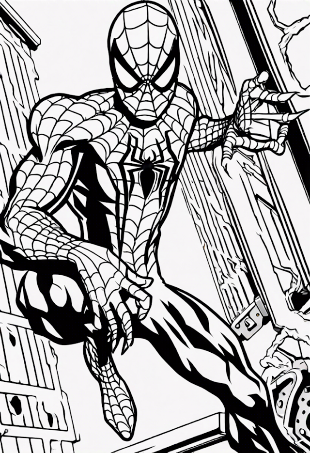 A coloring page of Spiderman In A Duel With Shocker In A Bank Vault