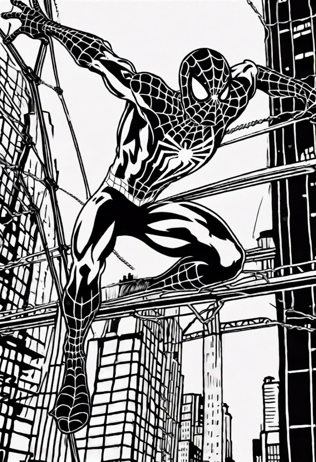A coloring page of Spiderman In A High Speed Chase On The Queensboro Bridge