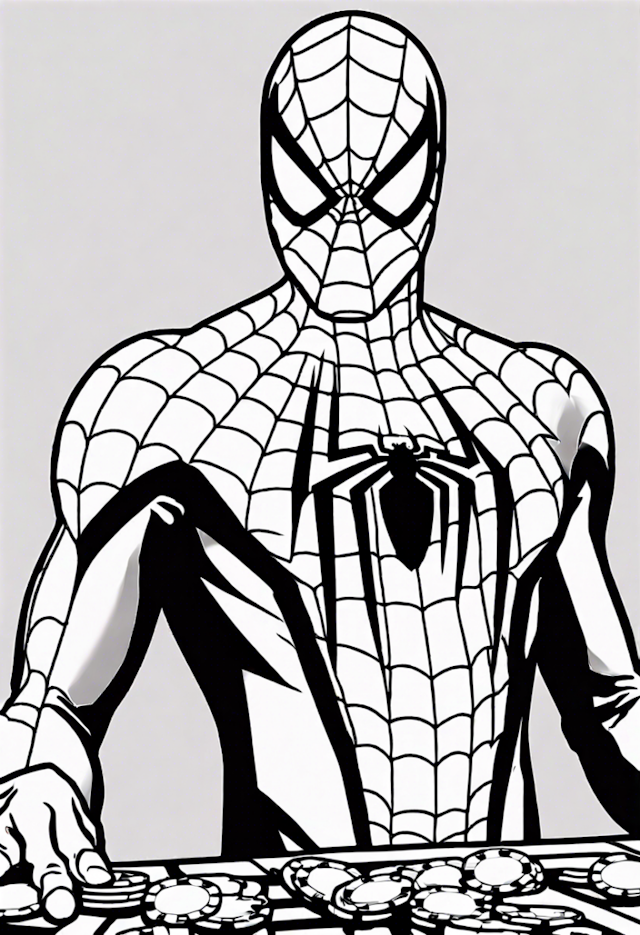 A coloring page of Spiderman In A Poker Game With Tony Stark