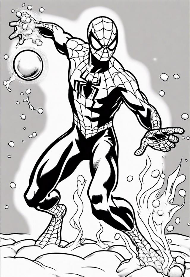 A coloring page of Spiderman In A Snowball Fight With Human Torch