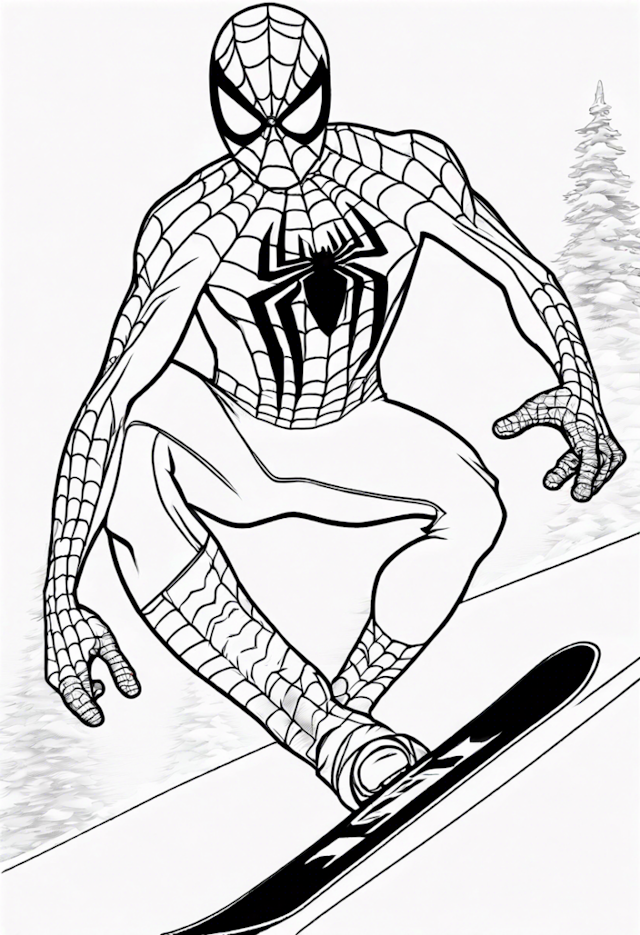 A coloring page of Spiderman In A Snowboarding Race With Iceman