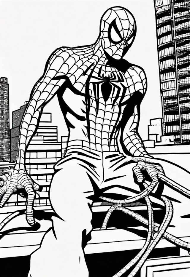 A coloring page of Spiderman In A Tug Of War With Doc Ock On A Rooftop