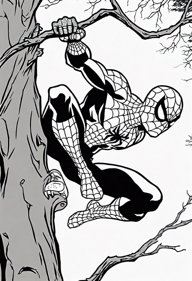 A coloring page of Spiderman Saving A Cat From A Tree