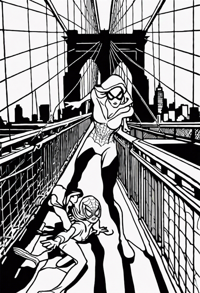 A coloring page of Spiderman Saving Mary Jane At The Brooklyn Bridge