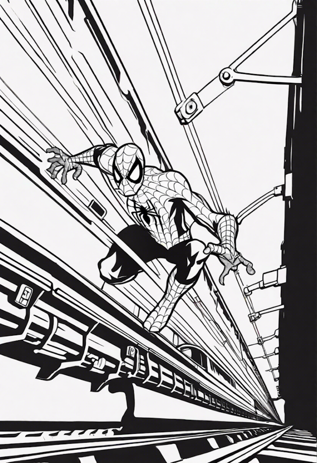 A coloring page of Spiderman Stopping A Train From Derailing