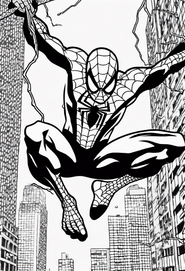 A coloring page of Spiderman Swinging In The Rain