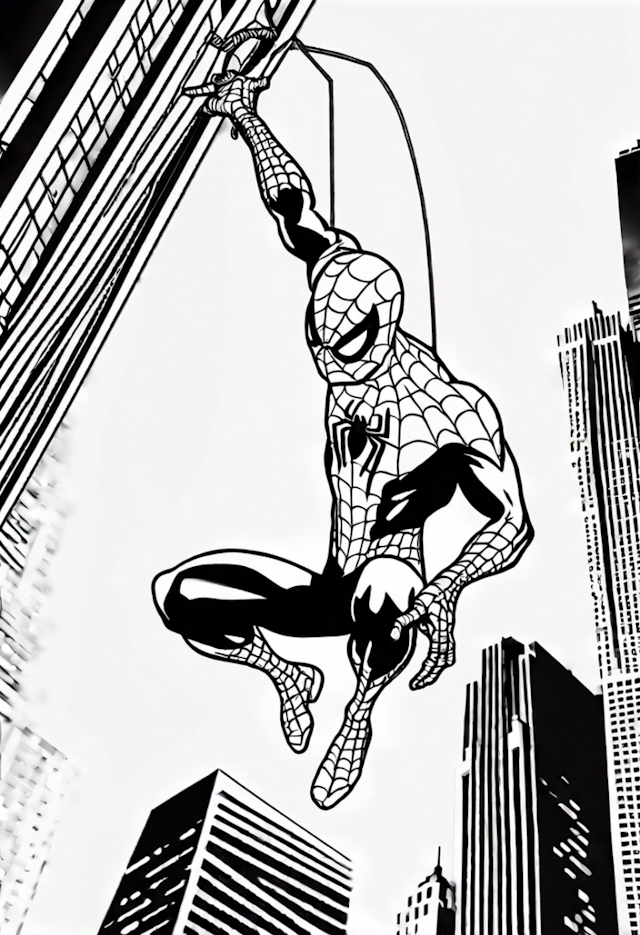 A coloring page of Spiderman Swinging Through The Skyscrapers