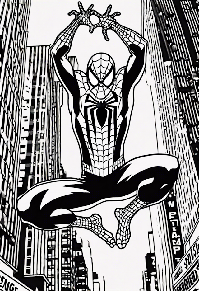 A coloring page of Spiderman Web Slinging In Times Square