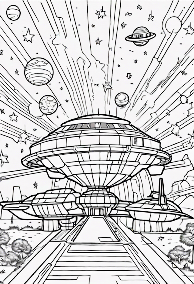 A coloring page of Thirteen Curious Stars Exploring A Starship Museum