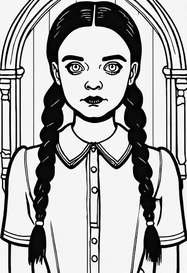 A coloring page of Wednesday Addams