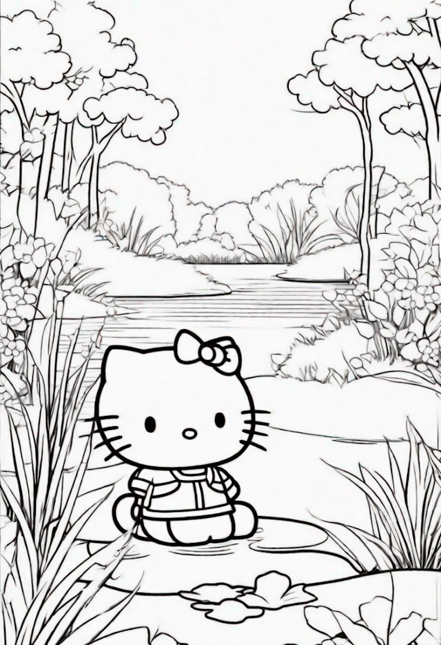 A coloring page of Hello Kitty at a Pond