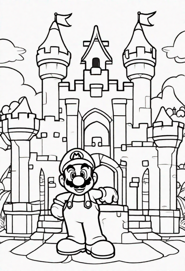 A coloring page of Mario at Peach’s Castle